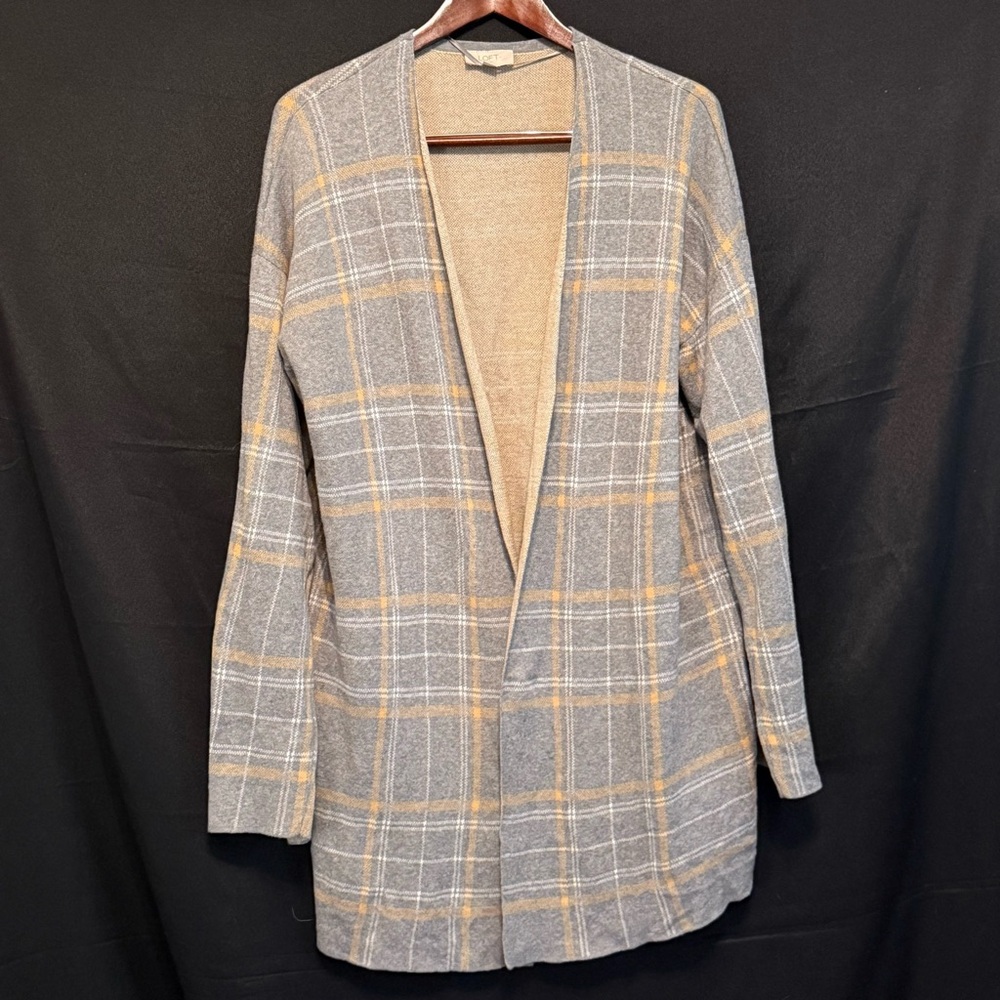 LOFT Outlet Gray and Tan Plaid Open Front Cardigan Sweater Size XL